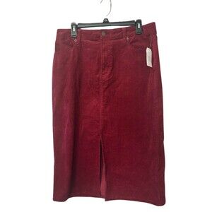 Time and True Corduroy Mid Skirt Women Size 12 Wine Punch Red Front Slit New